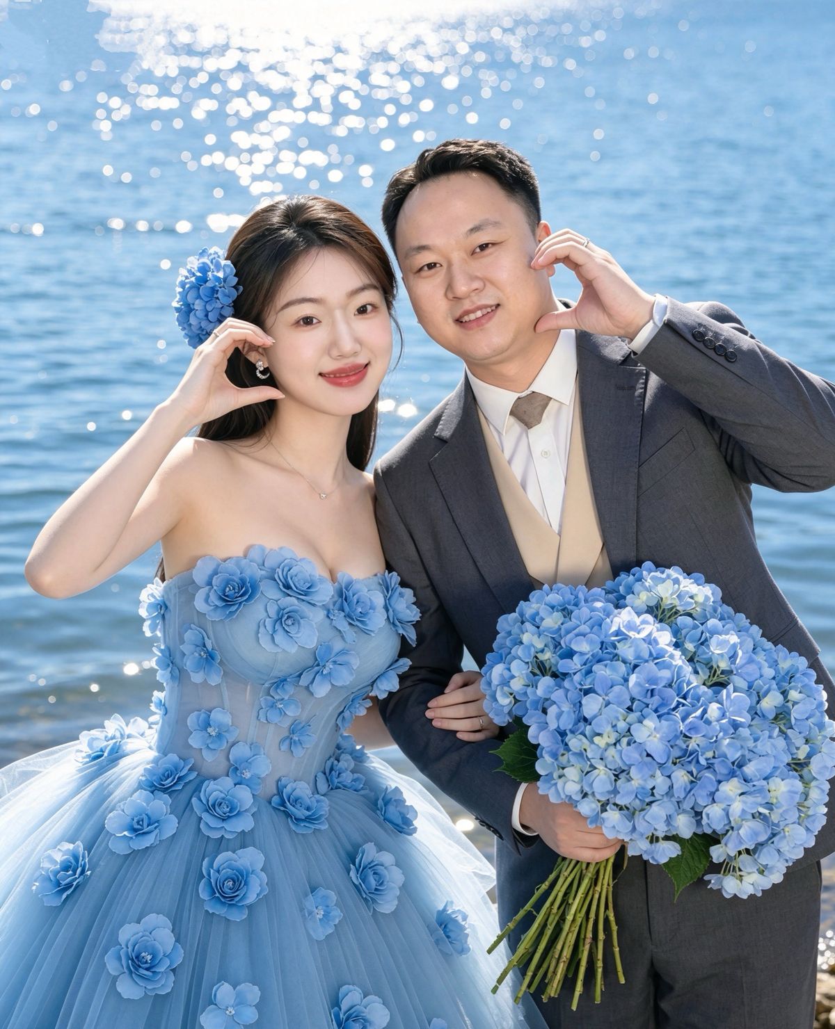 廉波与韦晶晶的湖畔婚纱合照