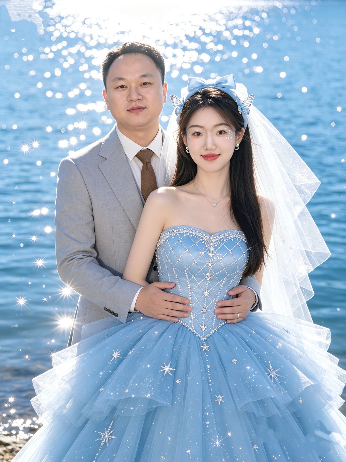 廉波与韦晶晶的湖畔婚纱合照