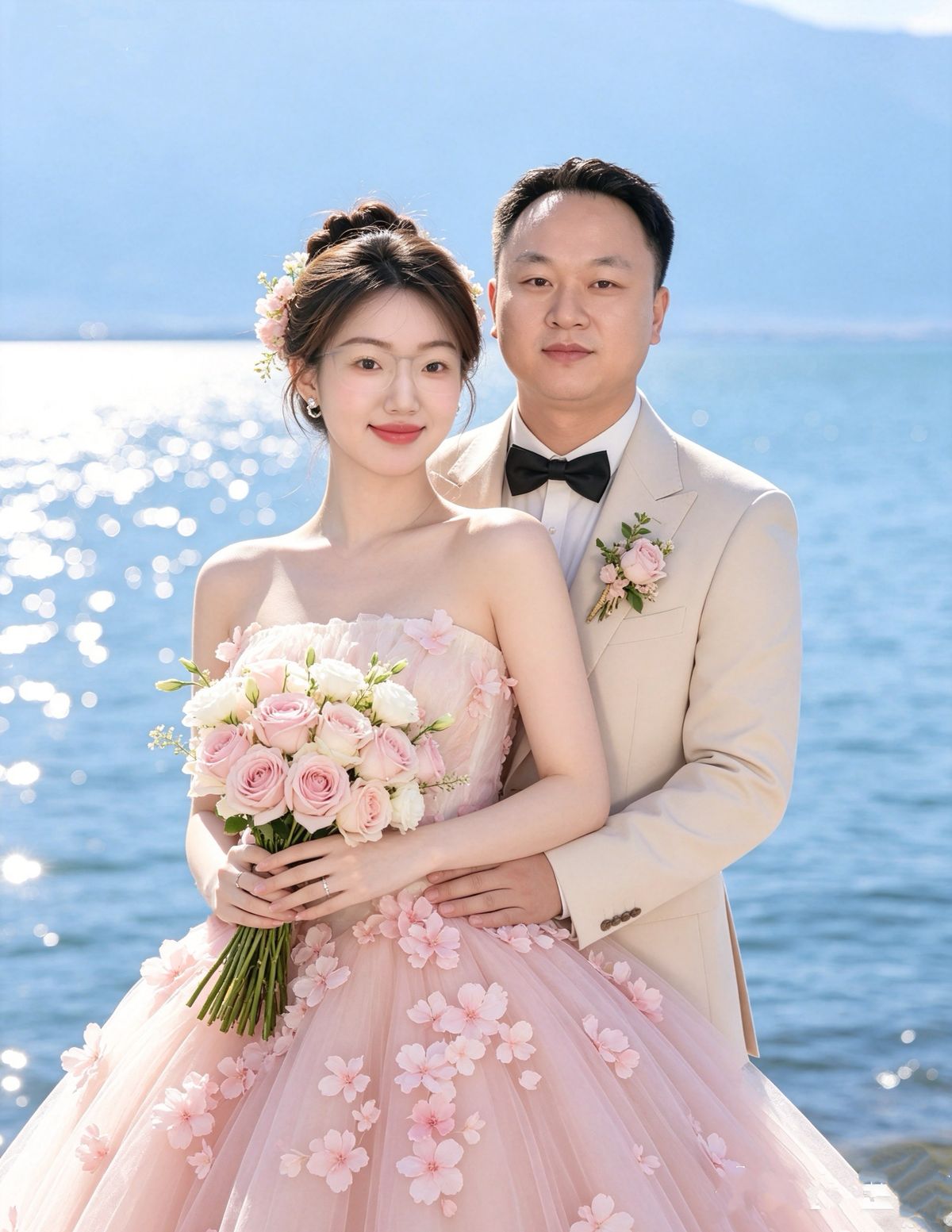 廉波与韦晶晶的湖畔婚纱合照